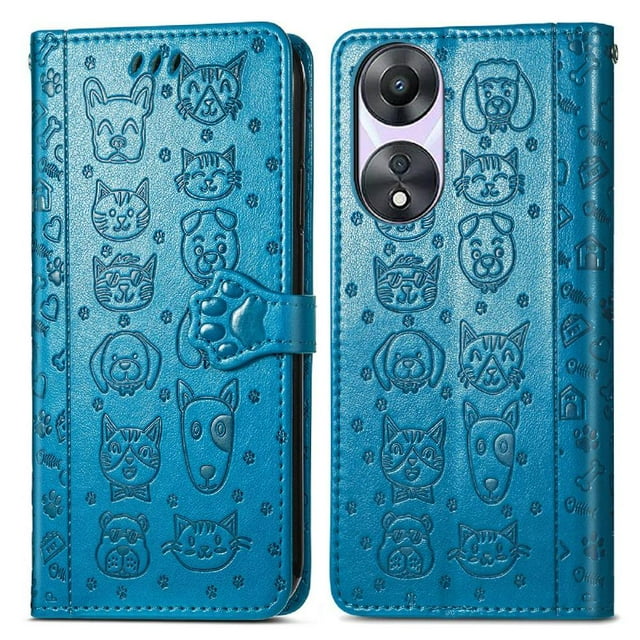 Funda Cartera FOXDOCK para OPPO A78 , Flip PU con Relieve de Gatos y Perros, Tarjetero y Soporte