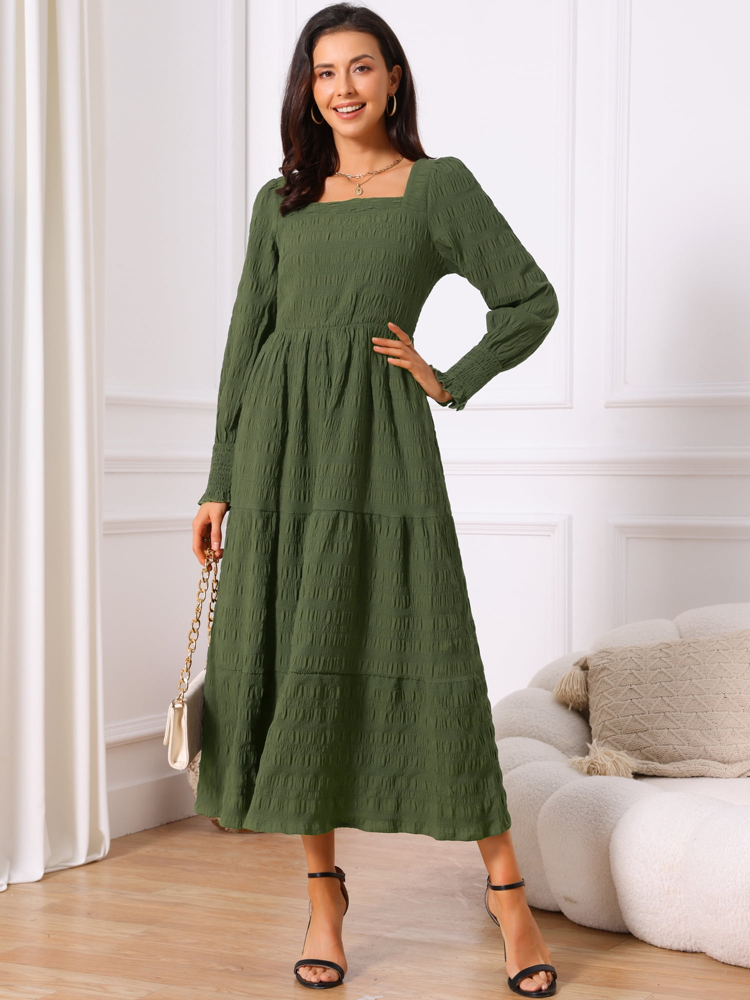 DARING DIVA Women's Long Sleeve Square Neck Flowy Tiered Maxi Dress L Green