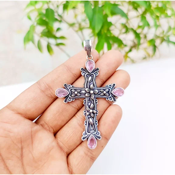Pink Topaz Cross Pendant 925 Sterling Silver Handmade Gemstone Jewelry 2.83"