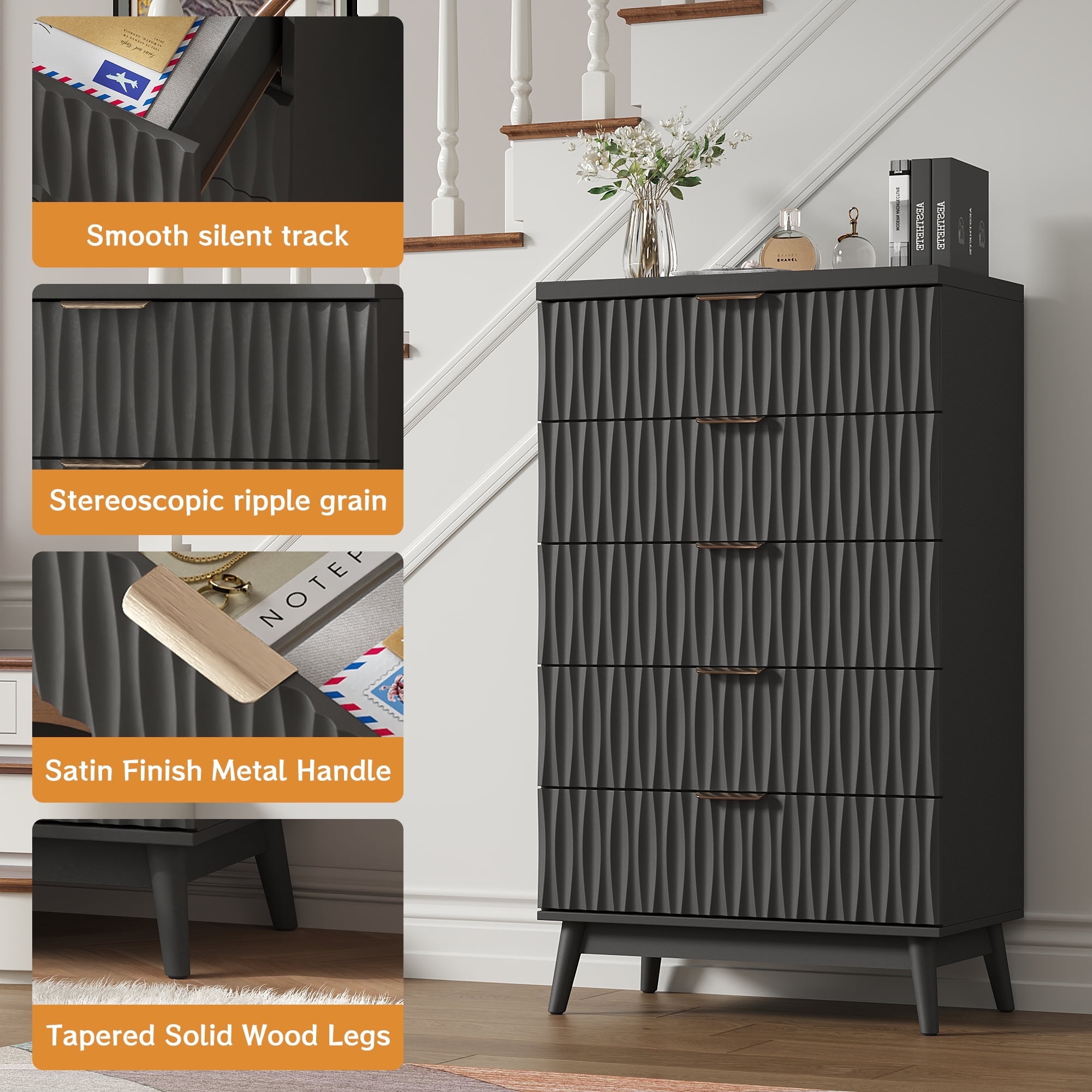 47"H Fluted 5 Drawer Dresser for Bedroom, Modern Chest of Drawers with Metal Handle, Wooden Storage Organizer for Living Room, Hallway, Black
