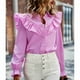 thumbnail image 4 of Camisa de mujer con botones de una sola fila, cuello vuelto, manga larga acampanada, blusa de rayas empalmada con volantes, 4 of 7