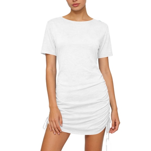 AUNVITO Women's Dress Solid Color Round Neck Short Sleeve Adjustable Drawstring Slim Fit Casual Chic