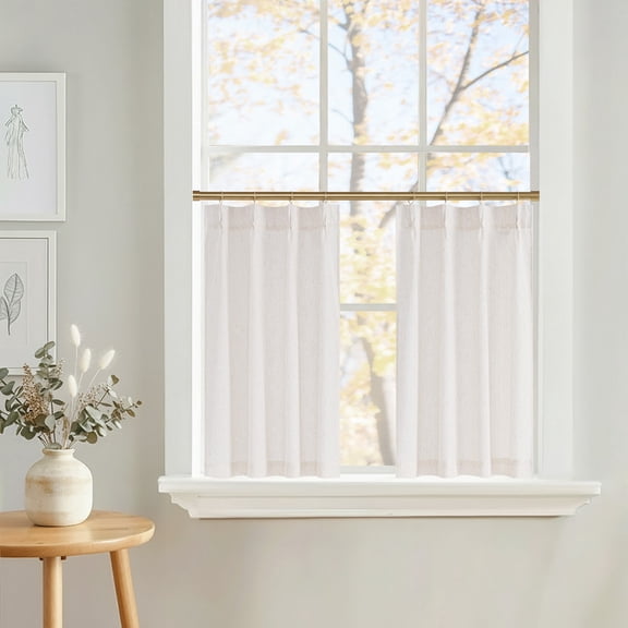 NICETOWN Kitchen Curtains 36 Inches Long, Pinch Pleated Linen Curtains Farmhouse Light Filtering Short Curtains for Cafe Bar Bedroom Window, White, 26"x36", 2 Panels