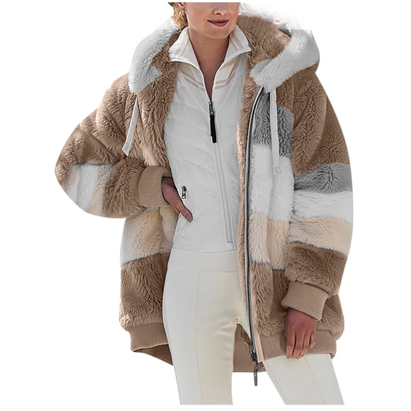 Manteaux d'Hiver pour Femmes Chauds Épais Rembourrés en Peluche Vestes à Blocs de Couleur à Fermeture Éclair à Capuche Vêtements d'Extérieur Surdimensionnés Amples Cabans
