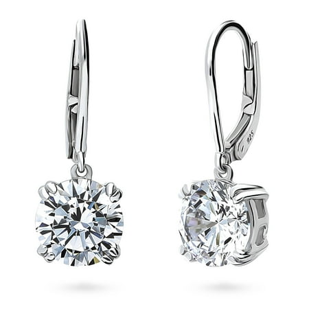 BERRICLE Sterling Silver Solitaire 4 Carat Round Cut Cubic Zirconia CZ Anniversary Leverback Dangle Drop Earrings for Women, Rhodium Plated