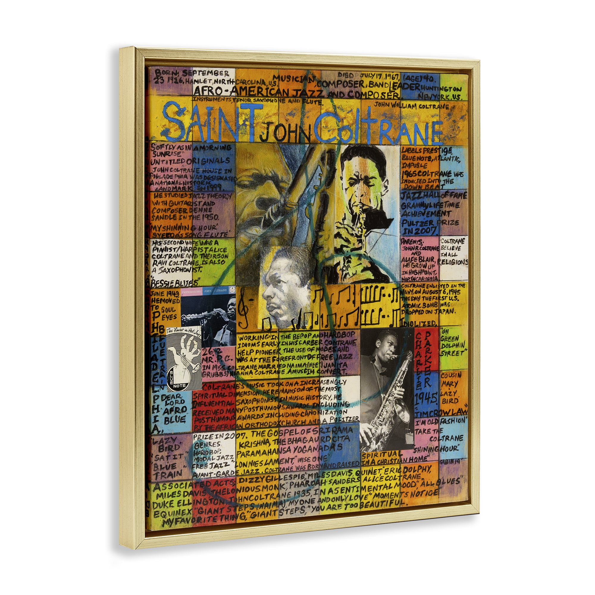 Stupell Industries Saint John Coltrane Collage People Drawing Gold Floater Framed Canvas Art Print Wall Art, 25 x 31