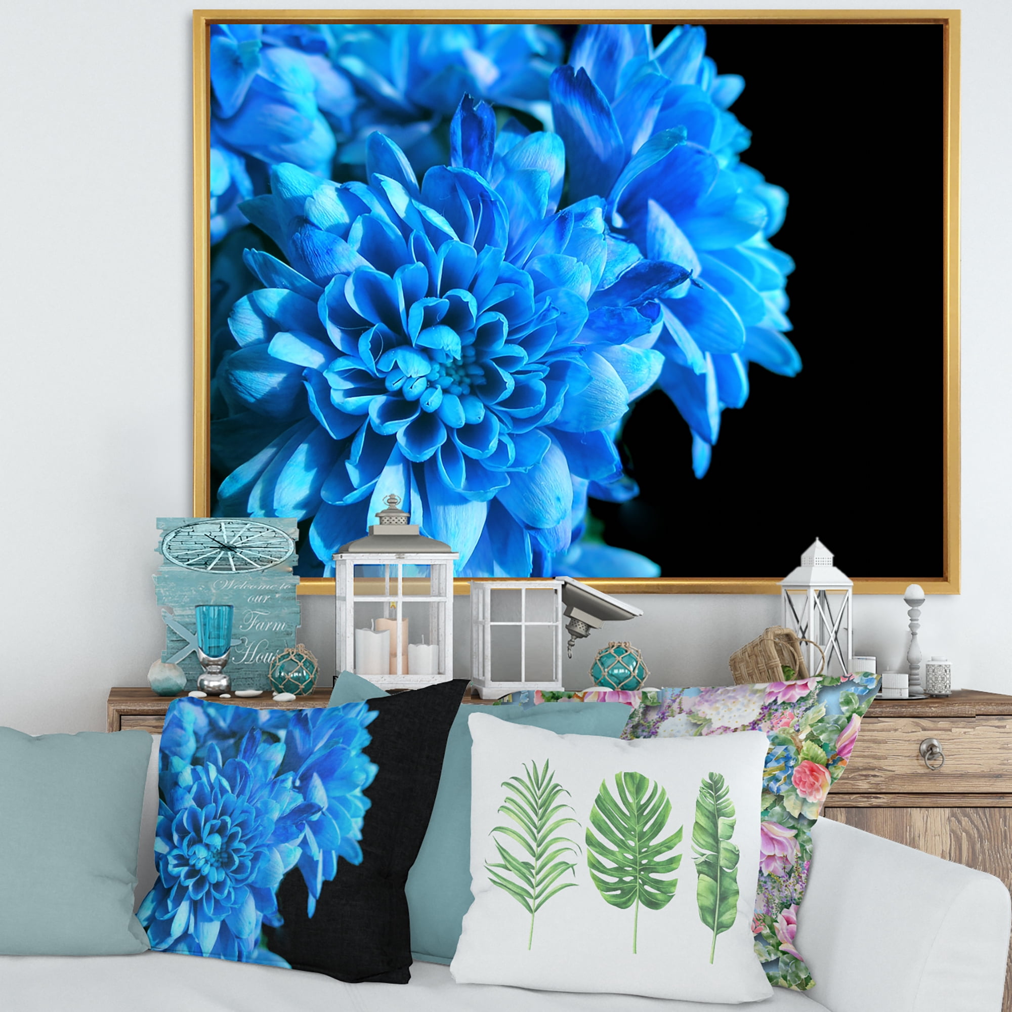 Designart 'Detail of Blue Flowers On Black Background I' Traditional Framed Canvas Wall Art Print