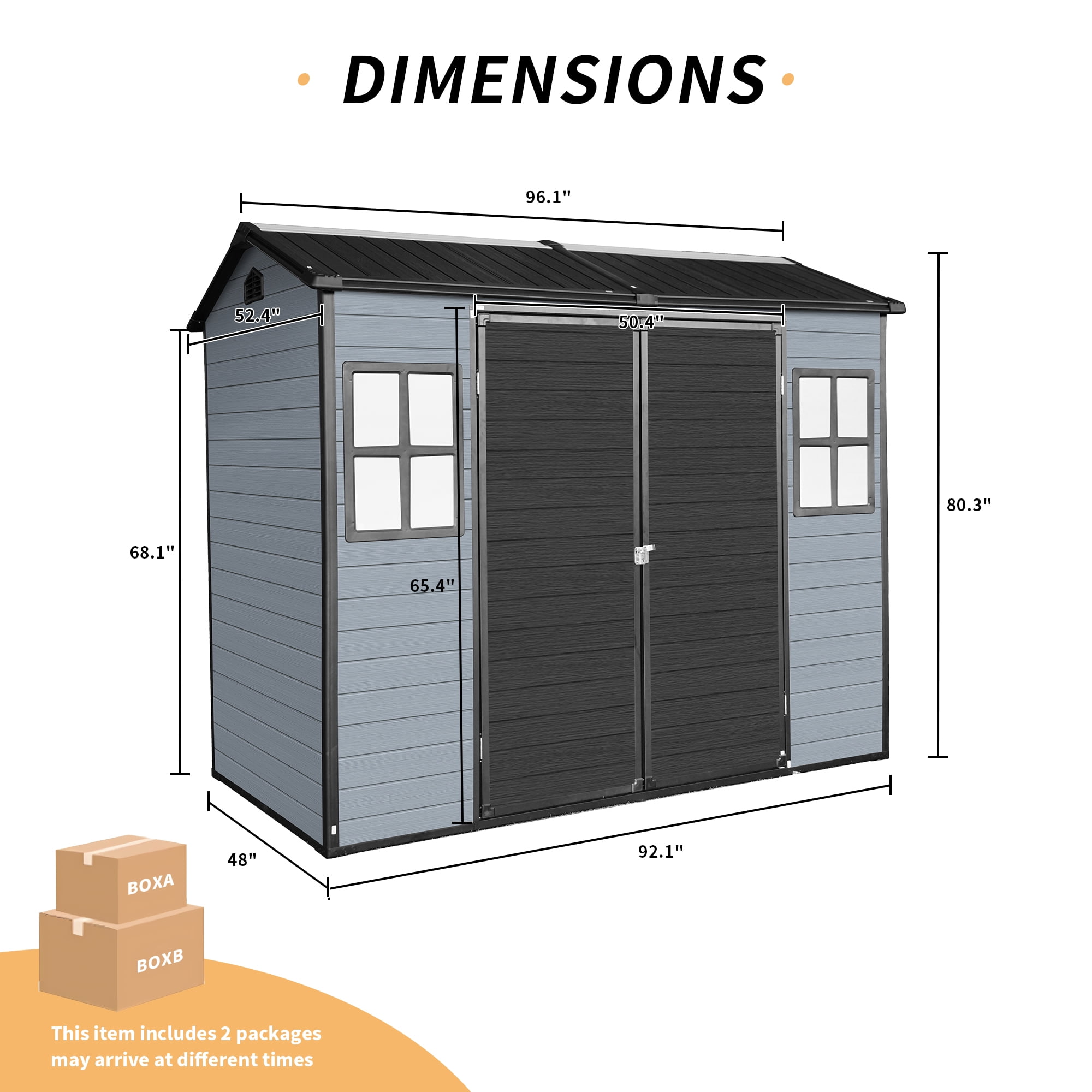 8x4ft Resin Outdoor Storage Shed with Reinforced Floor and 2 Windows, Heavy Duty Plastic Garden Tool Shed for Patio, Backyard, with Lockable Door for Bicycles, Lawn Mower - Gray/Black