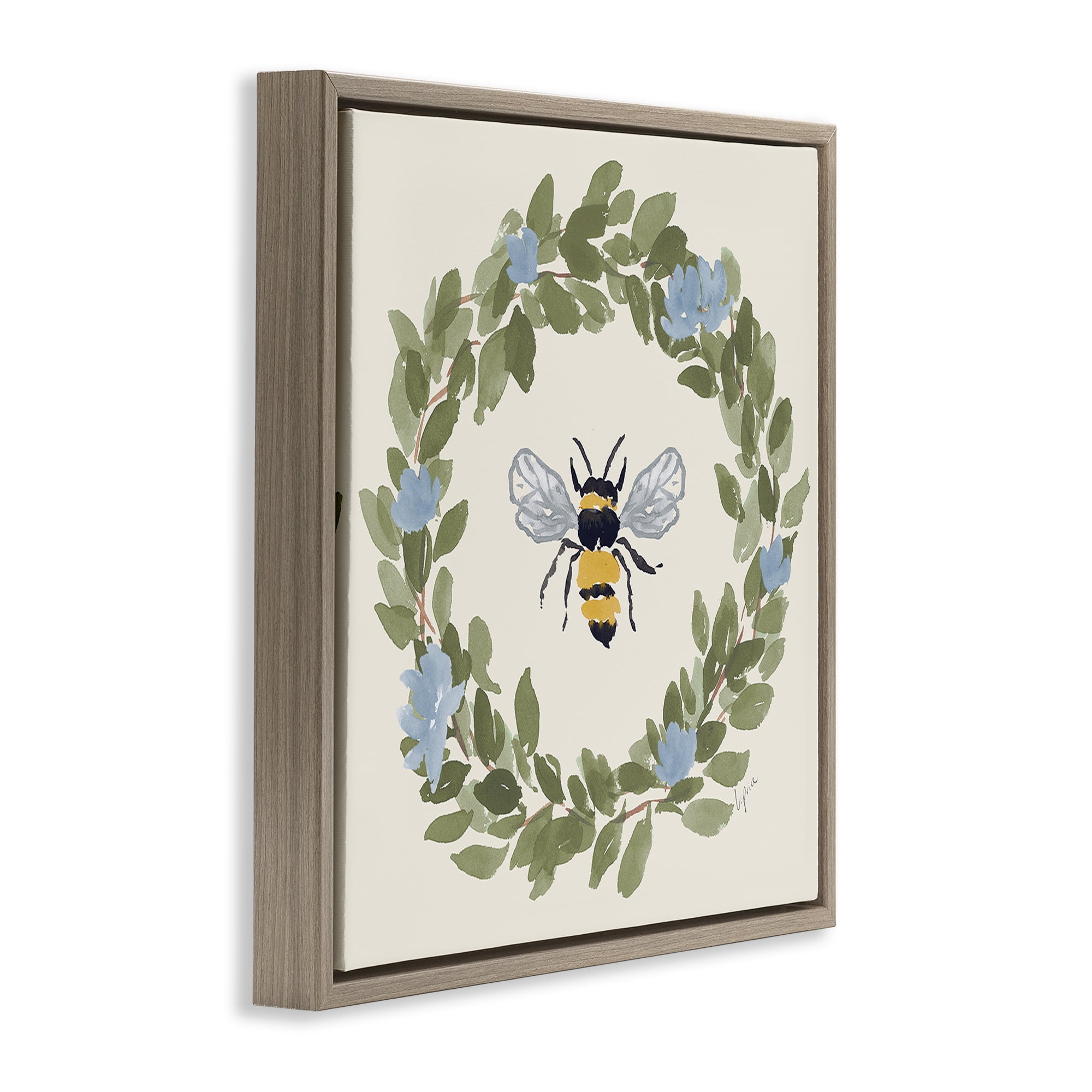 Stupell Industries Bee Celebration Wreath Brown Framed Floater Canvas Wall Art, design by Lucille Price