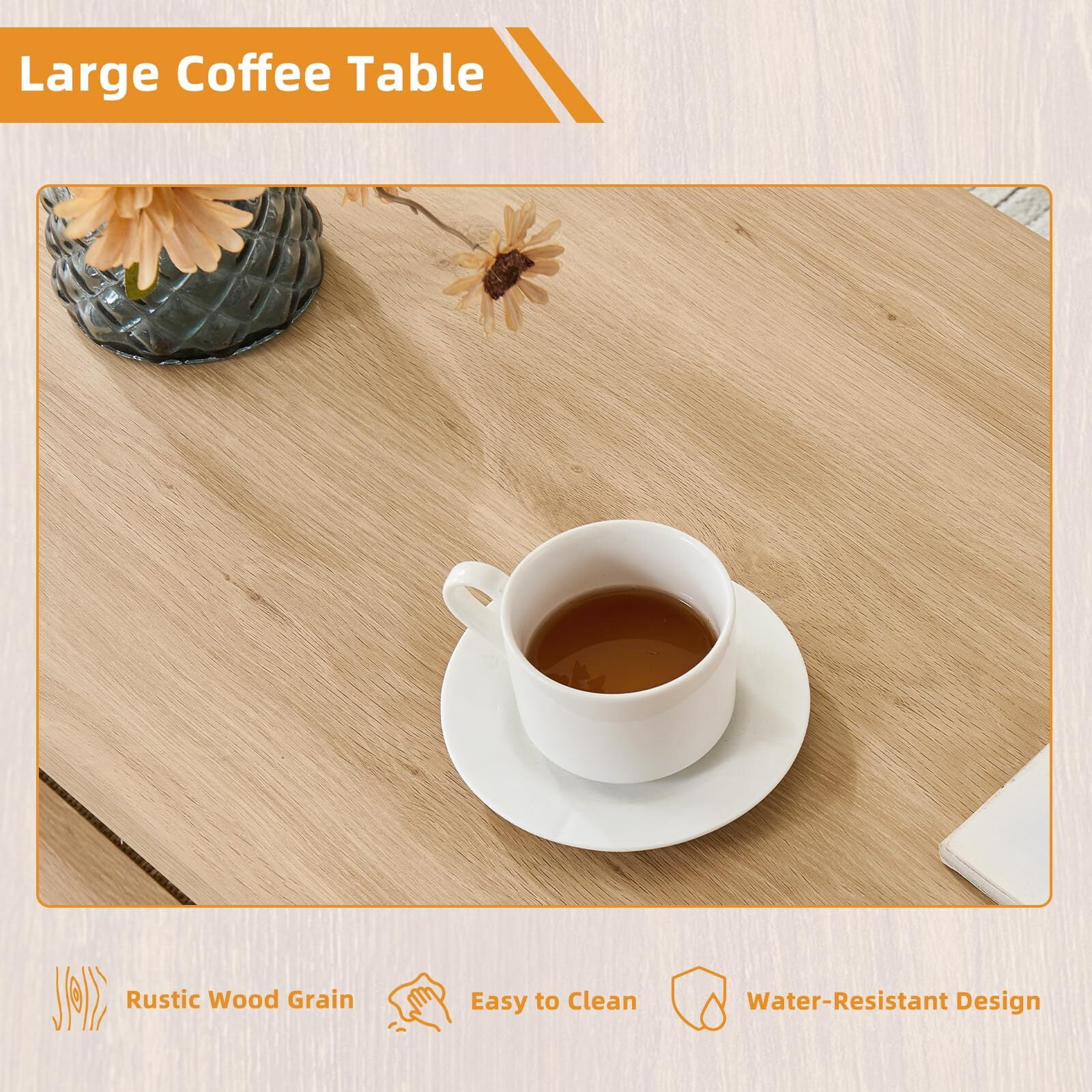 Buildhom Boho Rattan Coffee Table with Woven Open Shelf, Natural Wood Center Table for Living Room, Natural