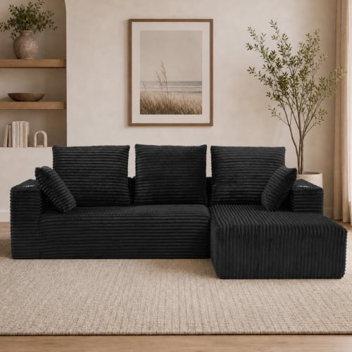 95" Modular L-Shaped Sectional Sofa with Chaise Lounge, 4-Seater Convertible Sofa Bed, Plush Corduroy Upholstery, Spring Pack Cushions, Wide Armrests with Side Pocket, Black