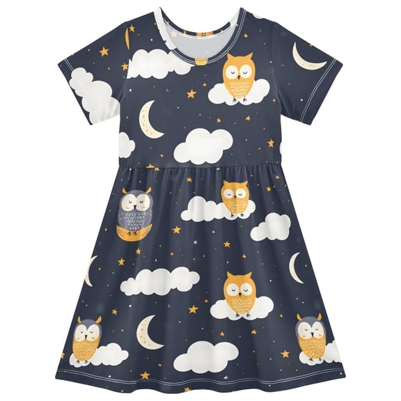 Owls Clouds Pattern Girls Short Sleeve Dress A Line Sun Protection Breathable Comfort Sundress 2T
