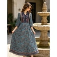 thumbnail image 4 of Women's Boho Paisley Floral Print Maxi Dress Long Sleeve Split V Neck Teal Embroidered Swing Resort Dress, 4 of 8