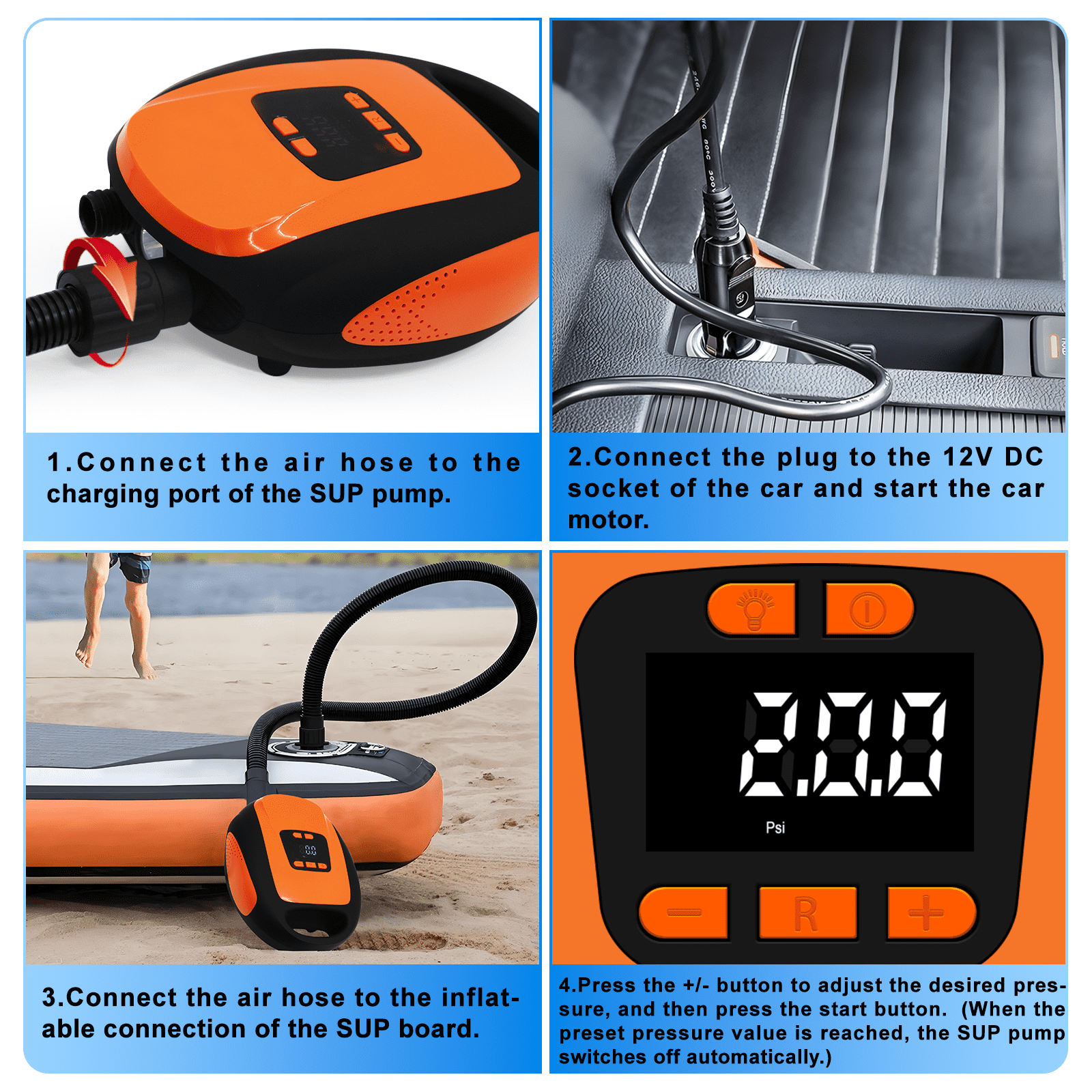Paddle Board Pump, VACHAN SPORTS Electric Portable SUP Pump for Paddleboard - 20PSI Air Compressor with Auto-Off, Deflation Function and 12V DC Car Connector for Inflatables, Kayaks and Boats