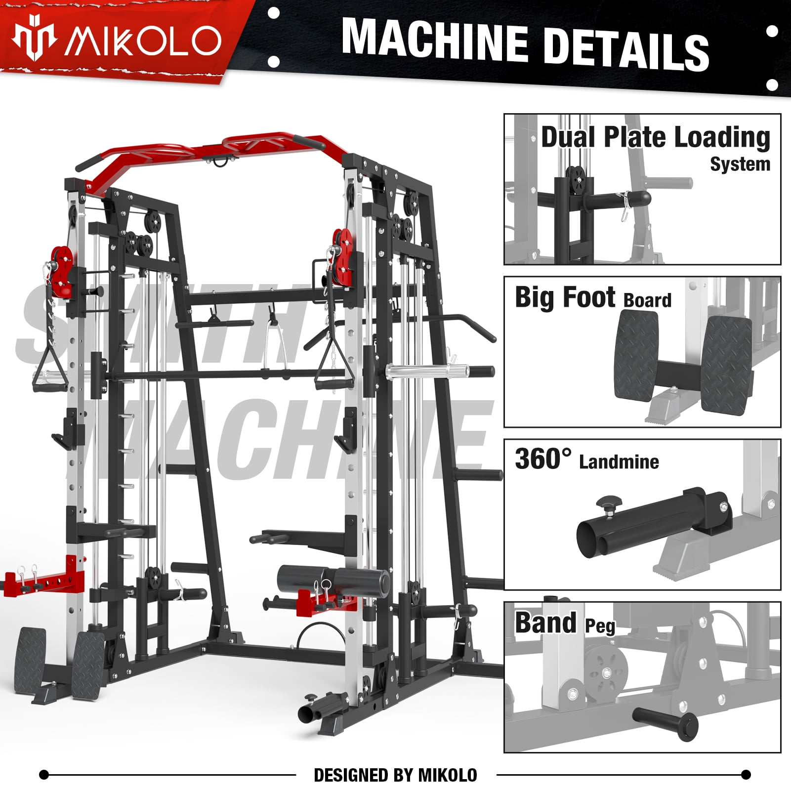 MDJB Smith Machine Home Gym, 2200 lbs Power Rack Cage with 800 lbs Capacity Adjustable Bench and Cable Crossover System, Weight Bar, 360° Landmine, Home Gym