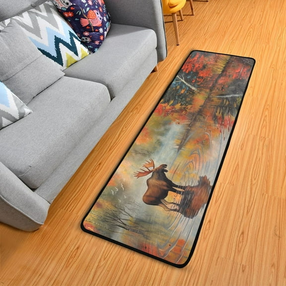 Moose Standing in Water Hallway Runner Rug 2'X6' Non-Slip Washable Carpet Runner Kitchen Entryway Laundry Bedroom