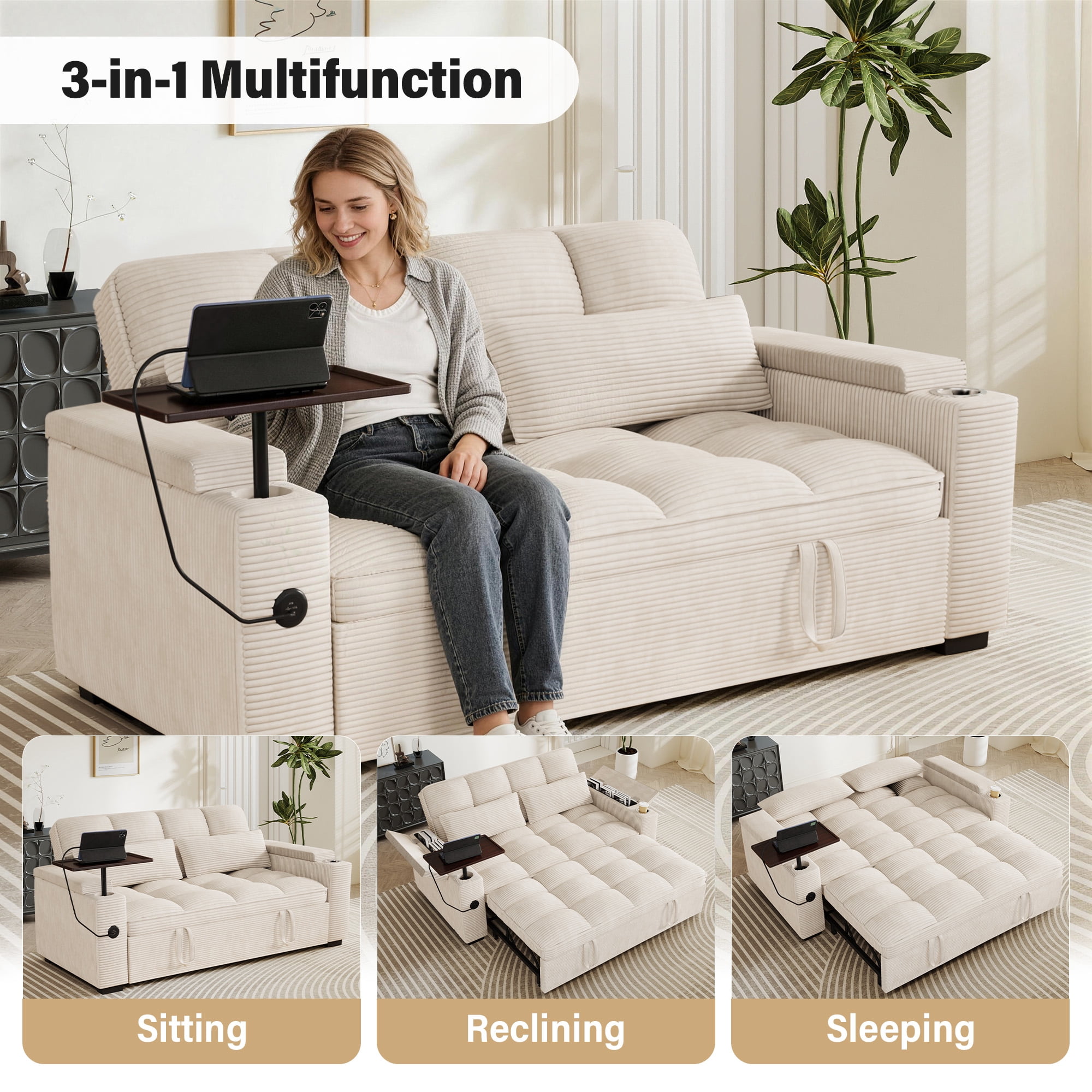 Aukfa 65"W Convertible Sofa Bed with Storage, 3-in-1 Corduroy Queen Sleeper Sofa Couch with 360° Swivel Side Table & USB /Type-C Ports,Beige