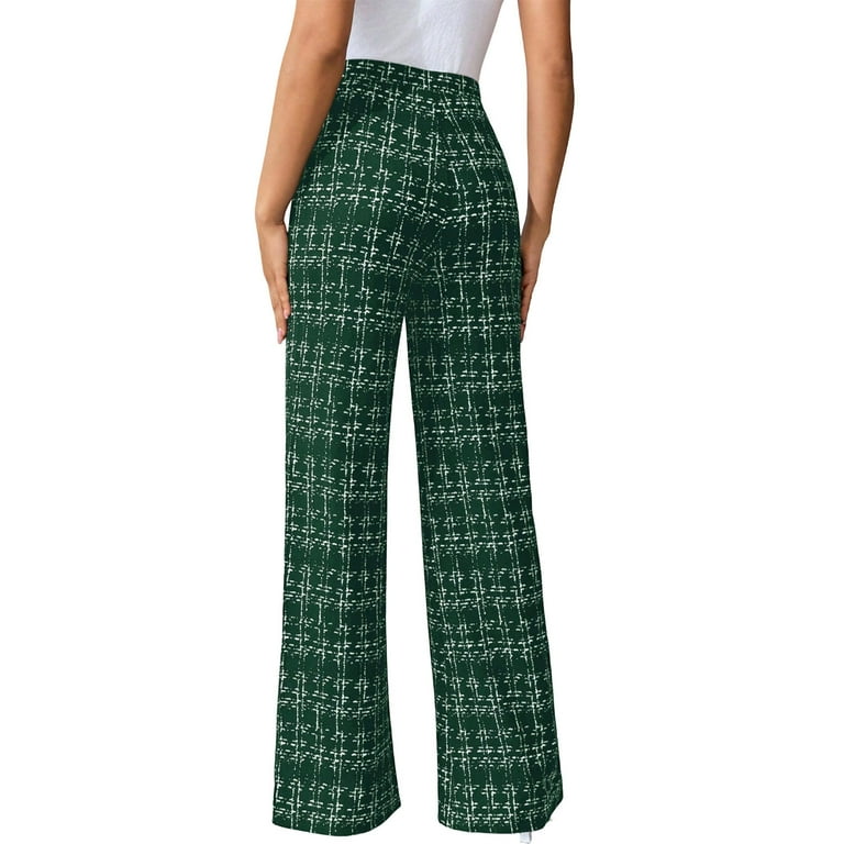 Womens Plaid Pants High Waisted Elastic Waist Wide Leg Lounge