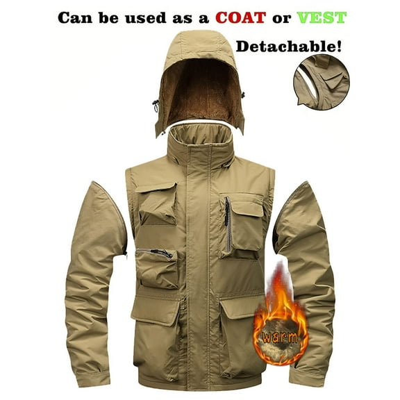 Handshe Men's Fleece-Lined Windbreaker Jacket, Solid Color with Zippered Pockets & Detachable Arm Sleeves, Windproof Water-Resistant Thermal Outerwear for Hiking, Camping and Cold Weather