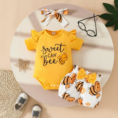 SJLDQY Child Girls Outfits Short Sleeve Floral Cartoon Prints Romper Bodysuit Shorts Sets Yellow 0-3 Months