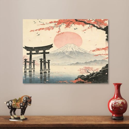 Hidden Frame Canvas Wall Art - Ukiyo-e Style Fuji & Torii Gate Japanese-Inspired Popular Wall Decor for Living Room 16x12in