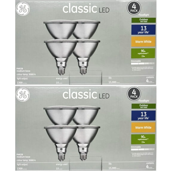 (8 bulbs) GE classic LED PAR38 Floodlight, 15 watt, 1300 lumen, warm white, outdoor wet rated, dimmable, medium base