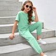 thumbnail image 5 of Nwiuh Girls Clothes Outfits Set Checkerboard 2PC Tracksuit Short Sleeve Raglan Tee and Joggers Pants (Green, 6-7 Years), 5 of 6