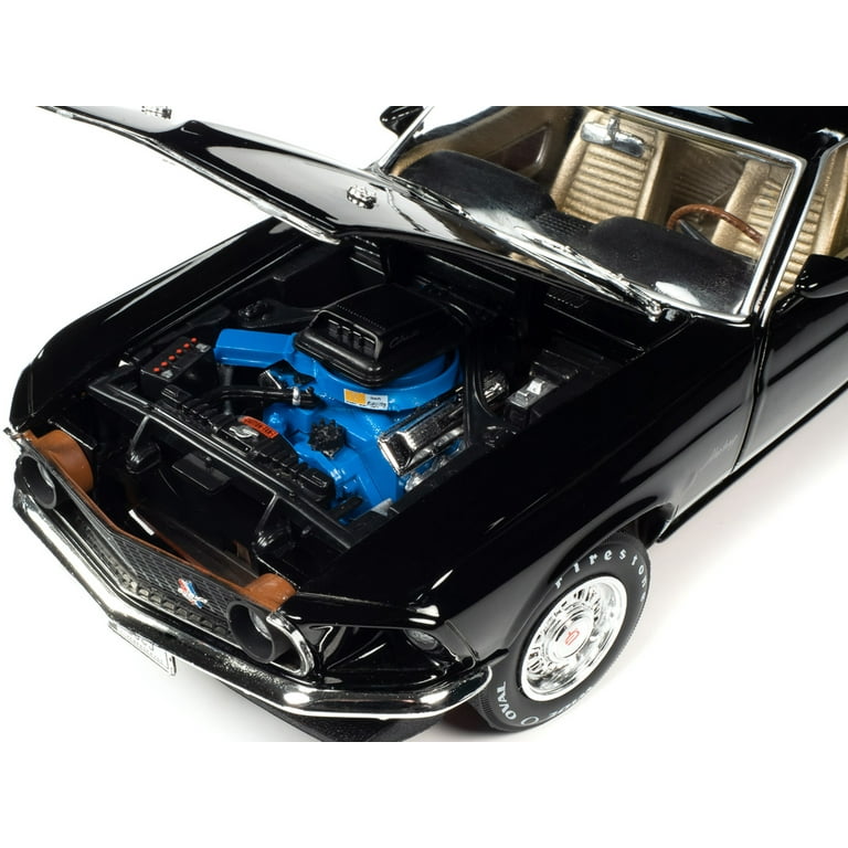 Diecast 1969 Ford Mustang GT Raven Black with White Stripes and Gold  Interior 1/18 Diecast Model Car by Auto World 