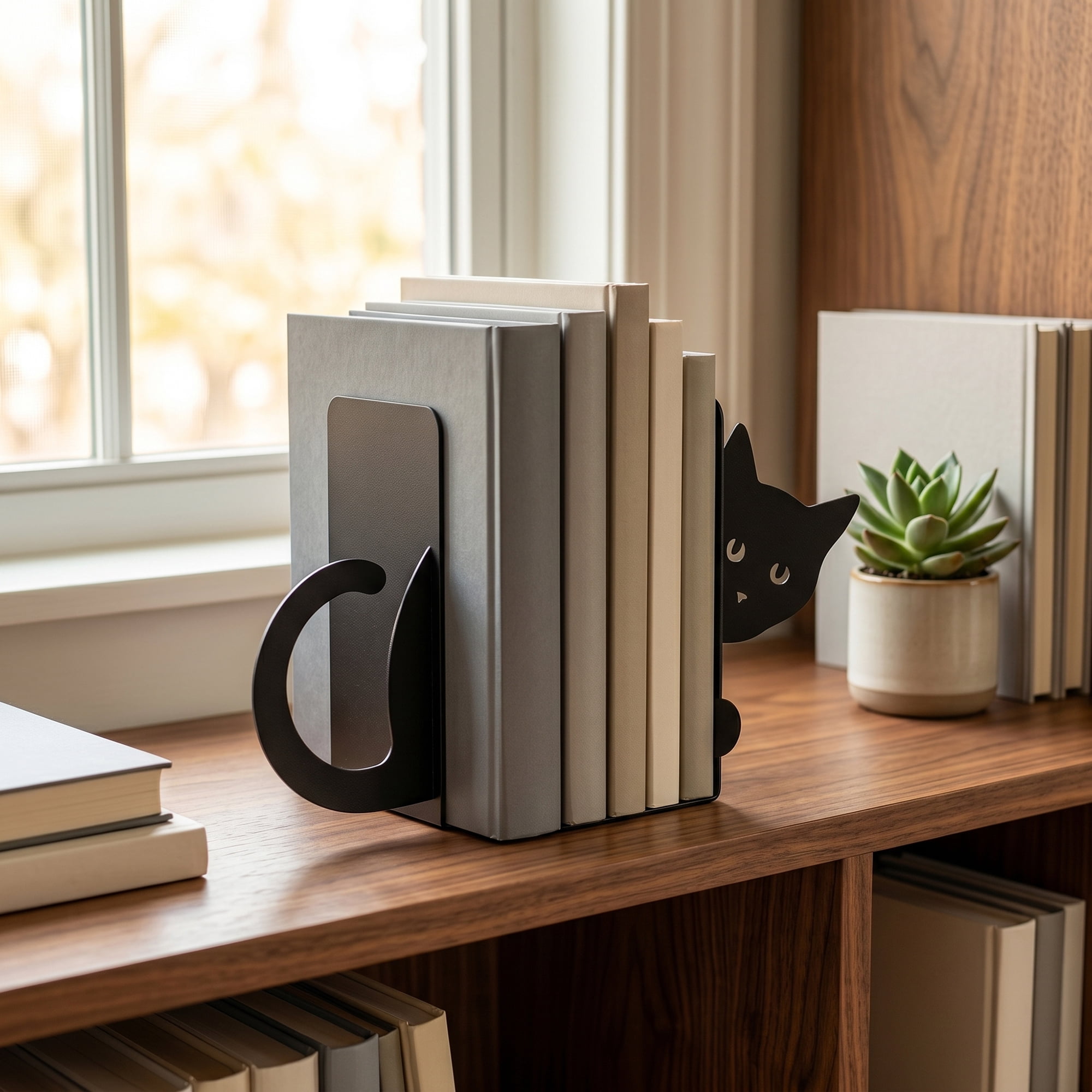 Unique Bargains 2Pcs Decorative Cartoon Metal Bookends Black Cat 4.7*6.7*6.7inch