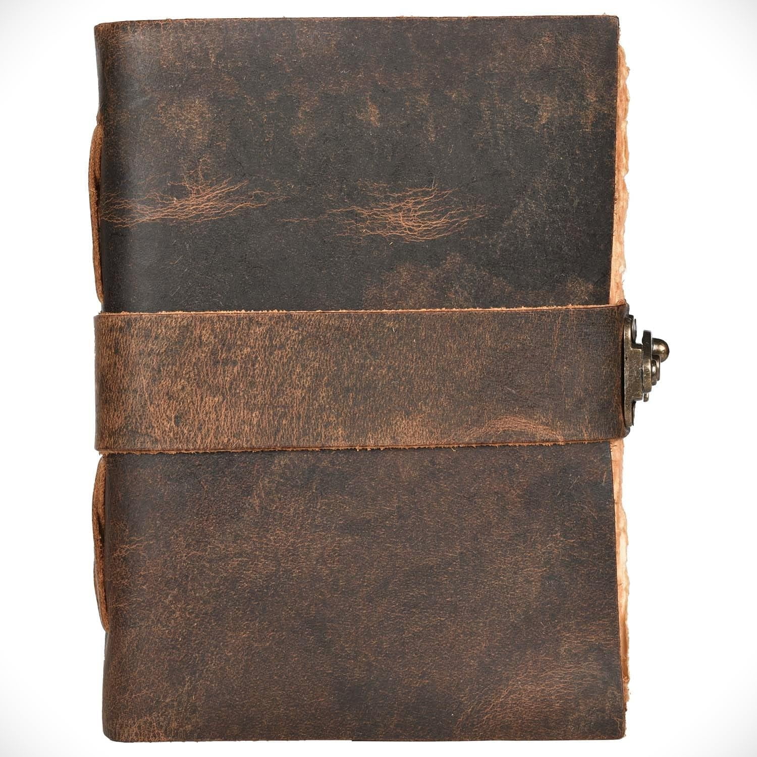 Leather Journal - Antique Handmade Deckle Edge Vintage Paper - Vintage Book of Shadows Journal for Women & Men - Lock Closure - 200 Pages