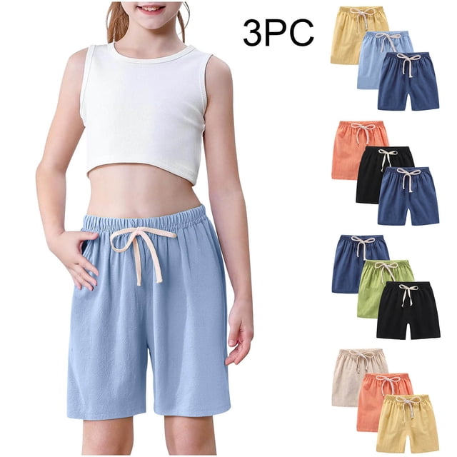 MKOSPLRT 3 Pack Linen Shorts for Girl Boy High Waist Drawstring Bermuda Shorts Baggy Wide Leg Shorts Solid Comzy Shorts with Pockets