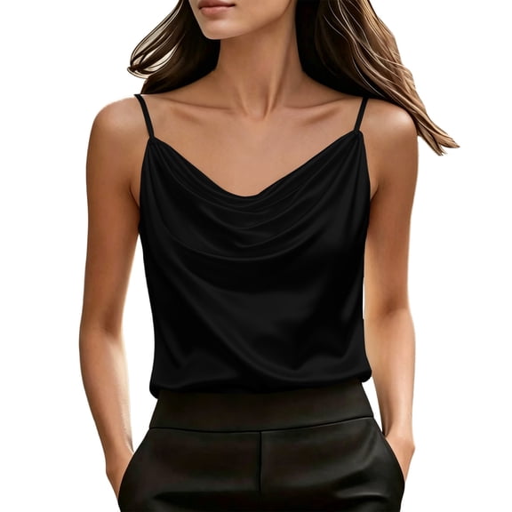 cocolona Womens Summer Satin Tank Tops Cowl Neck Sleeveless Elegant Camisole Shirts Trendy Casual Solid Color Blouses