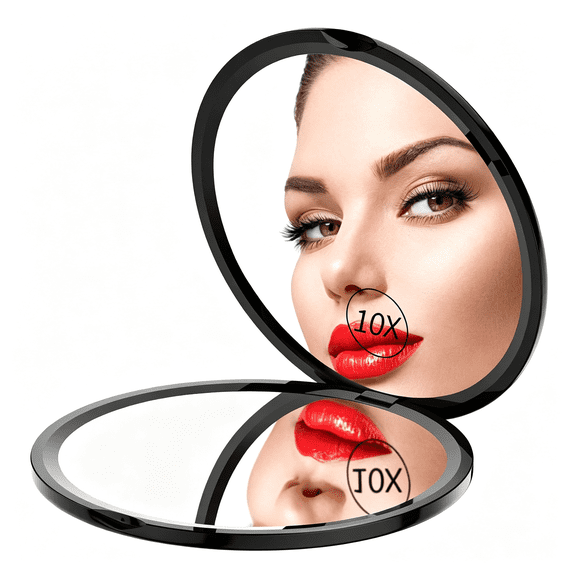 LQSEO 4" Ultra-Thin Pocket Makeup Mirror for Travel,1X/10X Double Sided Magnifying Portable Compact Handbag Handheld Round Foldable Cosmetic Mirror for Women (Black)