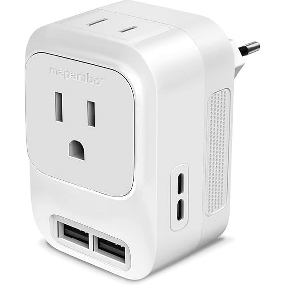 YJJSKEJI 220V to 110V Voltage Converter US to Europe with 2 USB C & 2 USB Port, International Power Adapter Converter for European Travel Plug Adapter for US to Italy France Germany Spain (White)