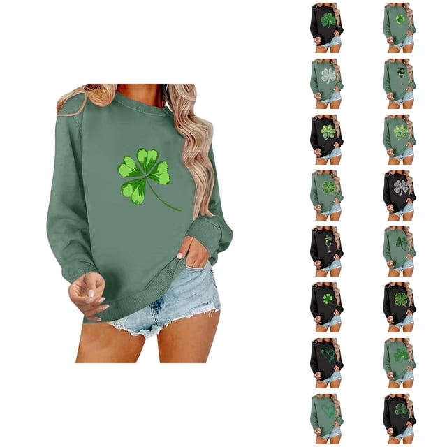 Chandail Graphique Trèfle de la Saint-Patrick pour Femmes 2026 Tendance à Manches Longues Col Rond Chandail Femmes chandail