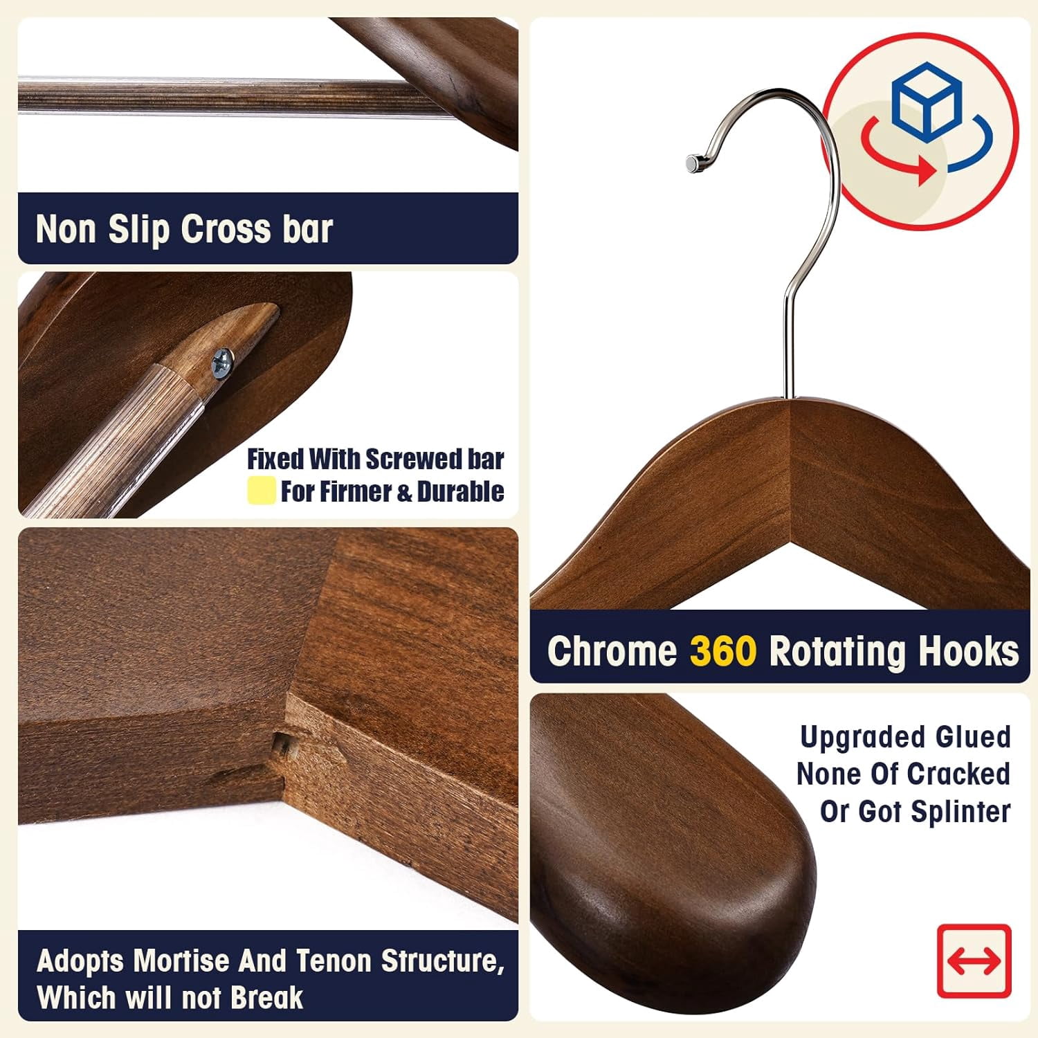 Wooden Coat Hangers - Wide Shoulder Hangers with Non Slip Pants Holder, Heavy Duty, for Men, Women, Suit, Coat, Jacket, Pants (Walnut, 10 Pack)