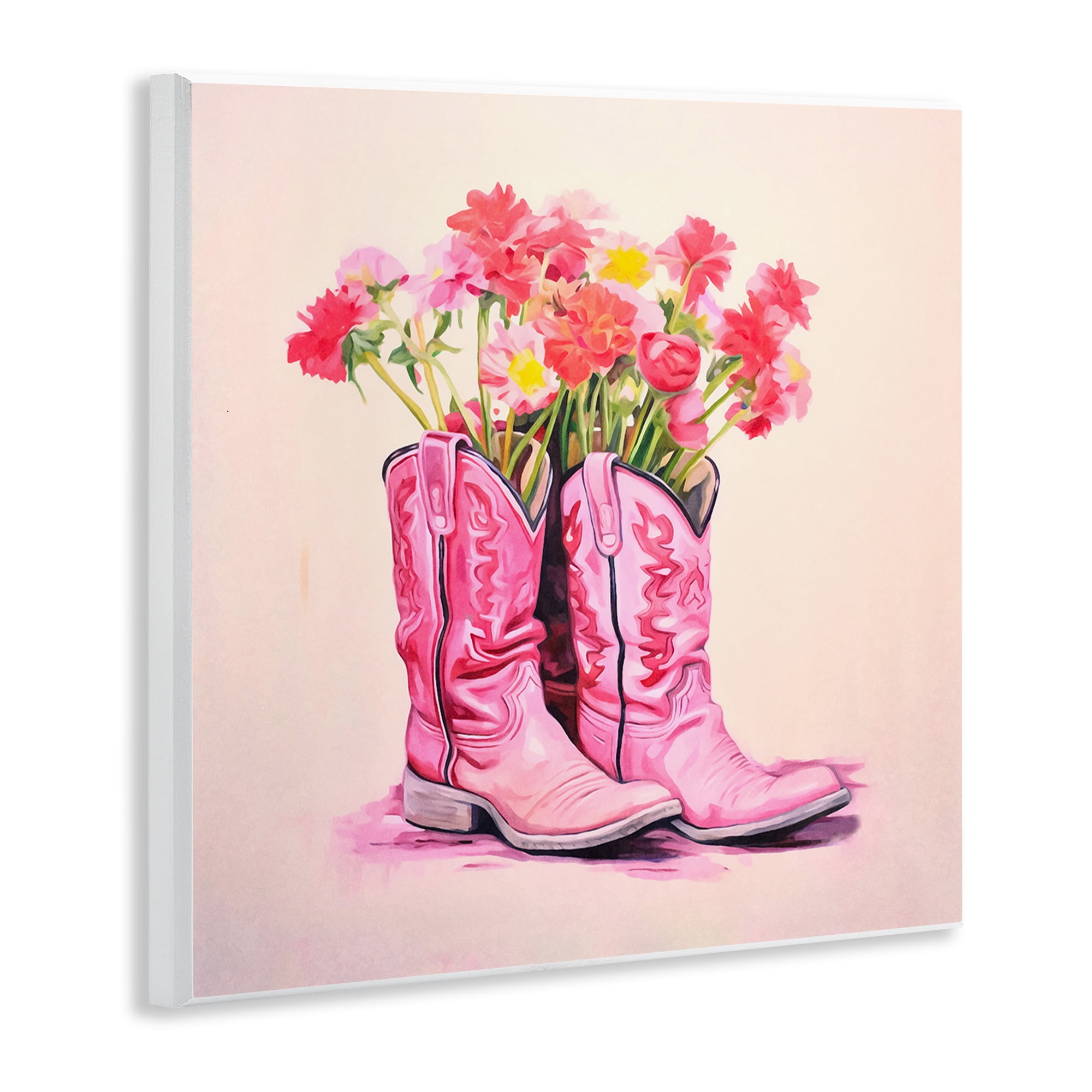 Stupell Industries Pink Blossom Boots Botanical & Floral Painting Unframed Art Print Wall Art, 12 x 12