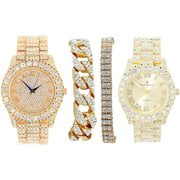 Charles Raymond Bling'ed Out King and Queen Hip Hop Iced-out WristWatch Set Perfect for Power Couples to Flaunt On and Off The Dance Floor - ST10237 His and Hers