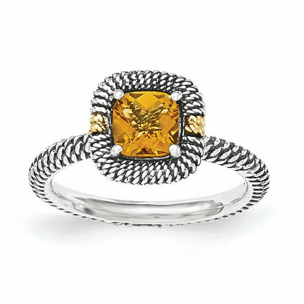 Sterling Silver Deux Tons Argent And Plaqué Or Argent Sterling W / 14ky Citrine Coussin Anneau