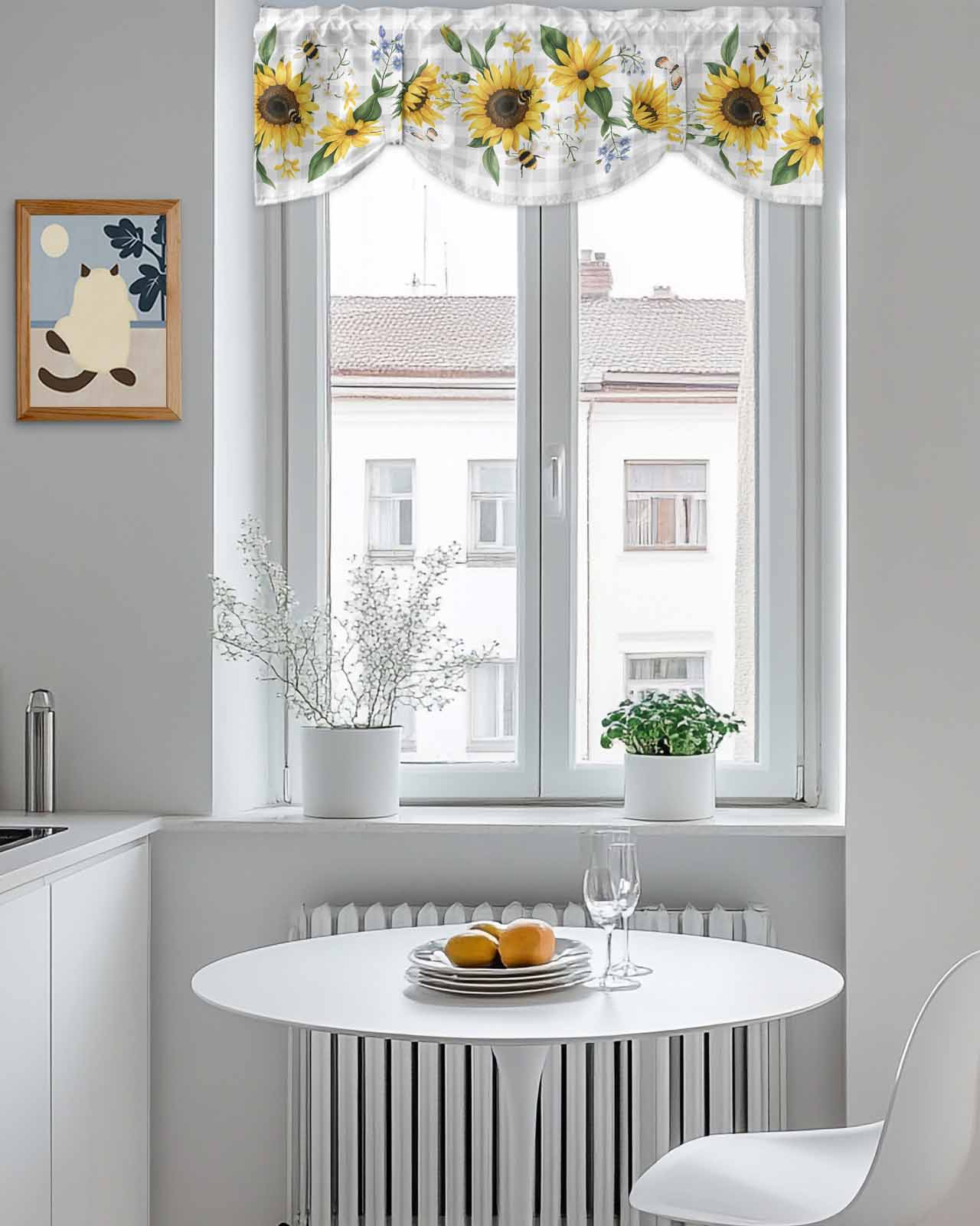 Sunflower Tie Up Valances Curtain, Adjustable Kitchen Butterfly Bee Valances for Windows Decor, Rod Pocket Short Curtains Set for Bedroom/Bathroom, 60"x18"