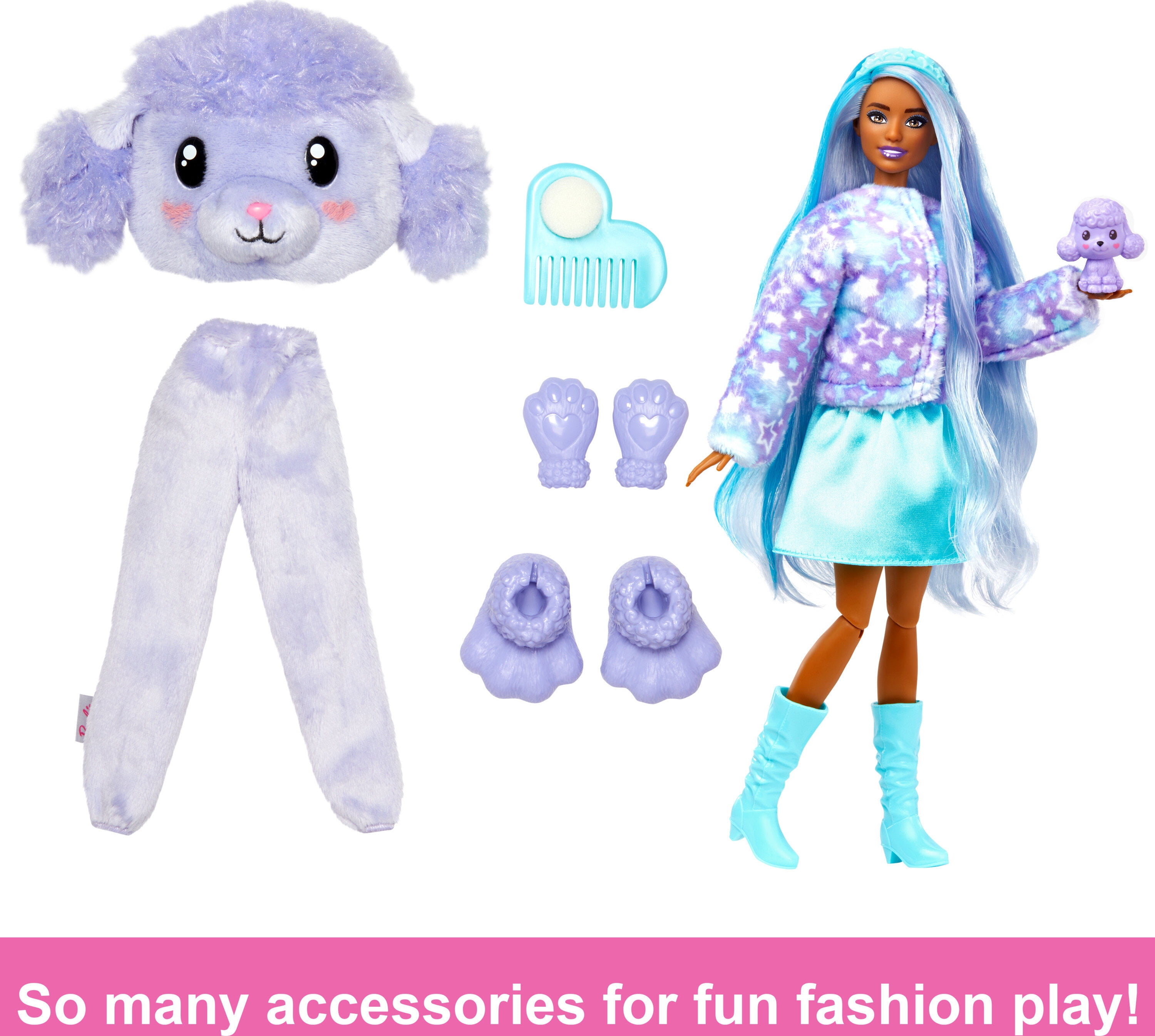 Barbie Cutie Reveal Doll & Accessories, Cozy Cute Tees Poodle, “Star” Tee, Blue & Purple Streaked Hair, Brown Eyes