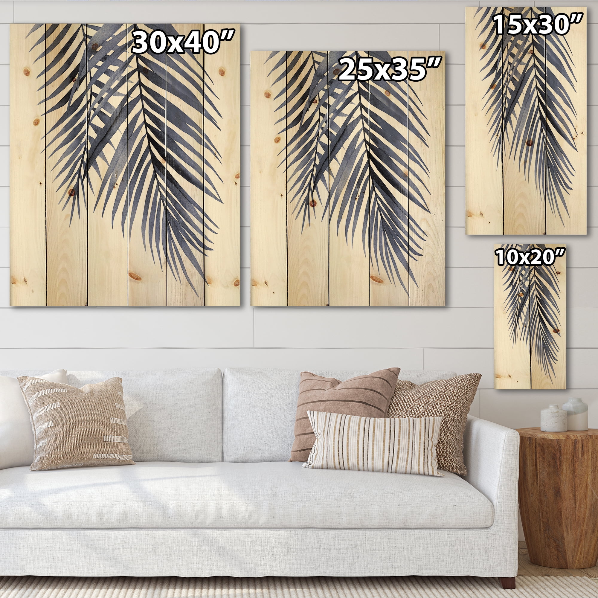 Designart 'Abstract Blue Palm Leaves Tropical Branches' Traditional Print on Natural Pine Wood