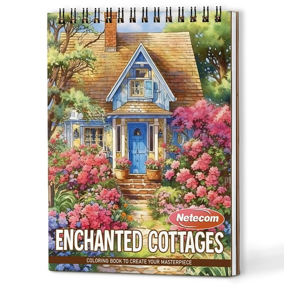 Netecom Enchanted Cottages Coloring Book Spiral Bound for Adults, A5 Wooden Cover, 30 Charming Coloring Pages of Fairy Cottages for Stress Relief and Relaxation