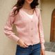 thumbnail image 3 of Suéter De Punto Corto Botón Ahuecado Cuello En V Puff Manga Larga Cárdigan Casual Para Mujer Rosa L, 3 of 7