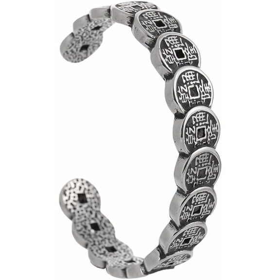 Vintage Asian Lucky Coin Bracelet, Chinese Feng Shui Cuff for Wealth and Success, Stainless Steel