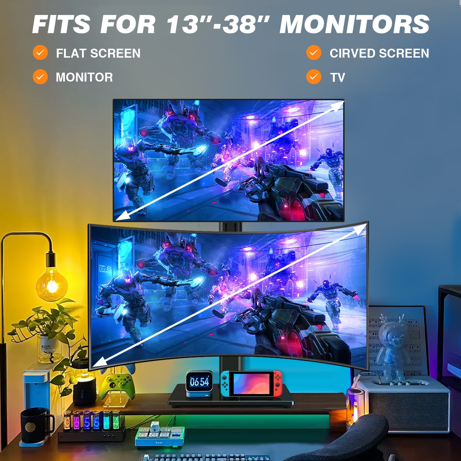 TAVR Furniture Table Top TV Stand Dual-Screen 360° Rotatable 13-38 inch for Flat/Curved Screens, 44 lbs Capacity with Cable Management