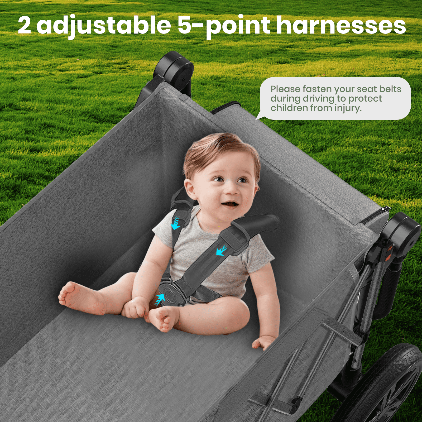 GVDV Stroller Wagon for Kids, 3-in-1 Collapsible Double Stroller Wagon for Toddlers, All-Terrain Baby Stroller with Removable Canopy, Adjustable Push/Pull Handles, 5-Point Harness, Gray