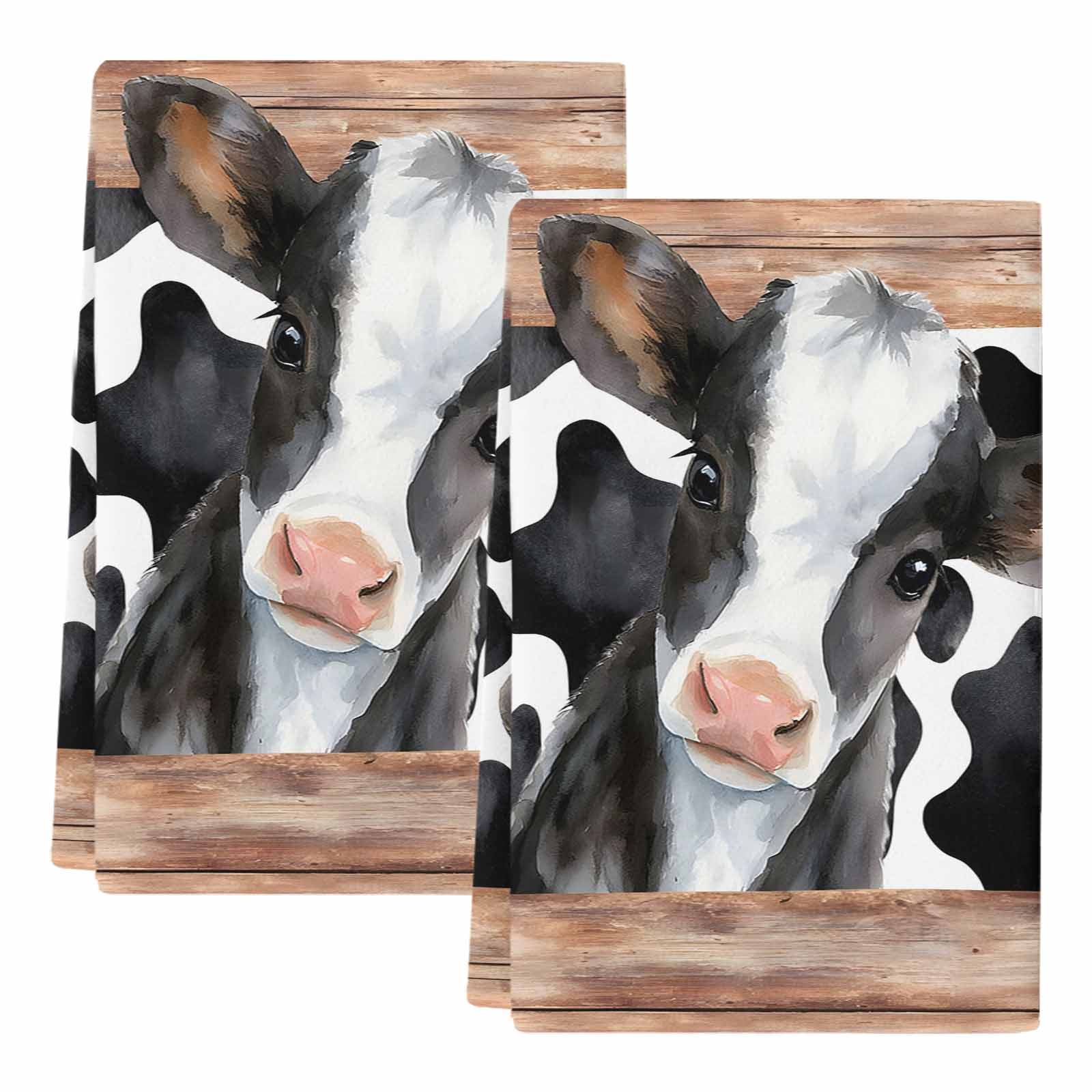 Cow Printed Kitchen Towels Set of 2, Farmhouse Watercolor Country Wooden Grain Absorbent Dish Towels for Kitchen, Microfiber Hand Towel, Quick Drying Tea Towel for Cleaning Decorative Dishcloths