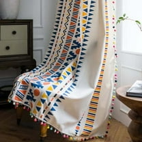 AIGIA Semi-Blackout Windows Curtains Bohemian Cotton Linen Curtain with Pom Pom Trims for Dining Living Rooms Bedroom 1 Panel