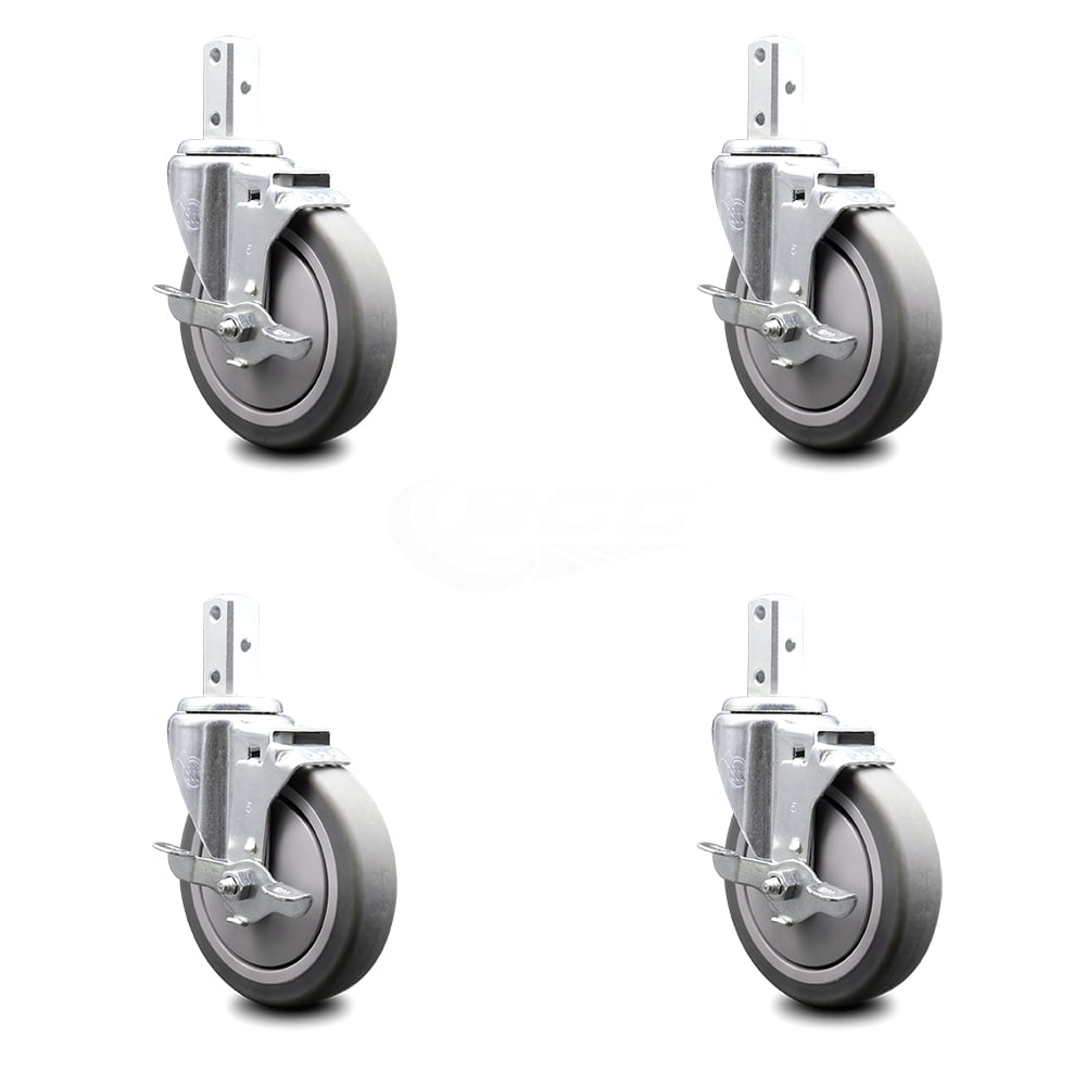 Four 5" Rubber Swivel Casters with Brakes 7/8" Grip Shaft 